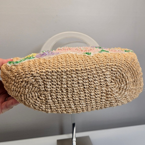 Vintage Timmy Woods Beverly Hills Lucite Top Handel Basket Bag Floral Beaded - Picture 6 of 8